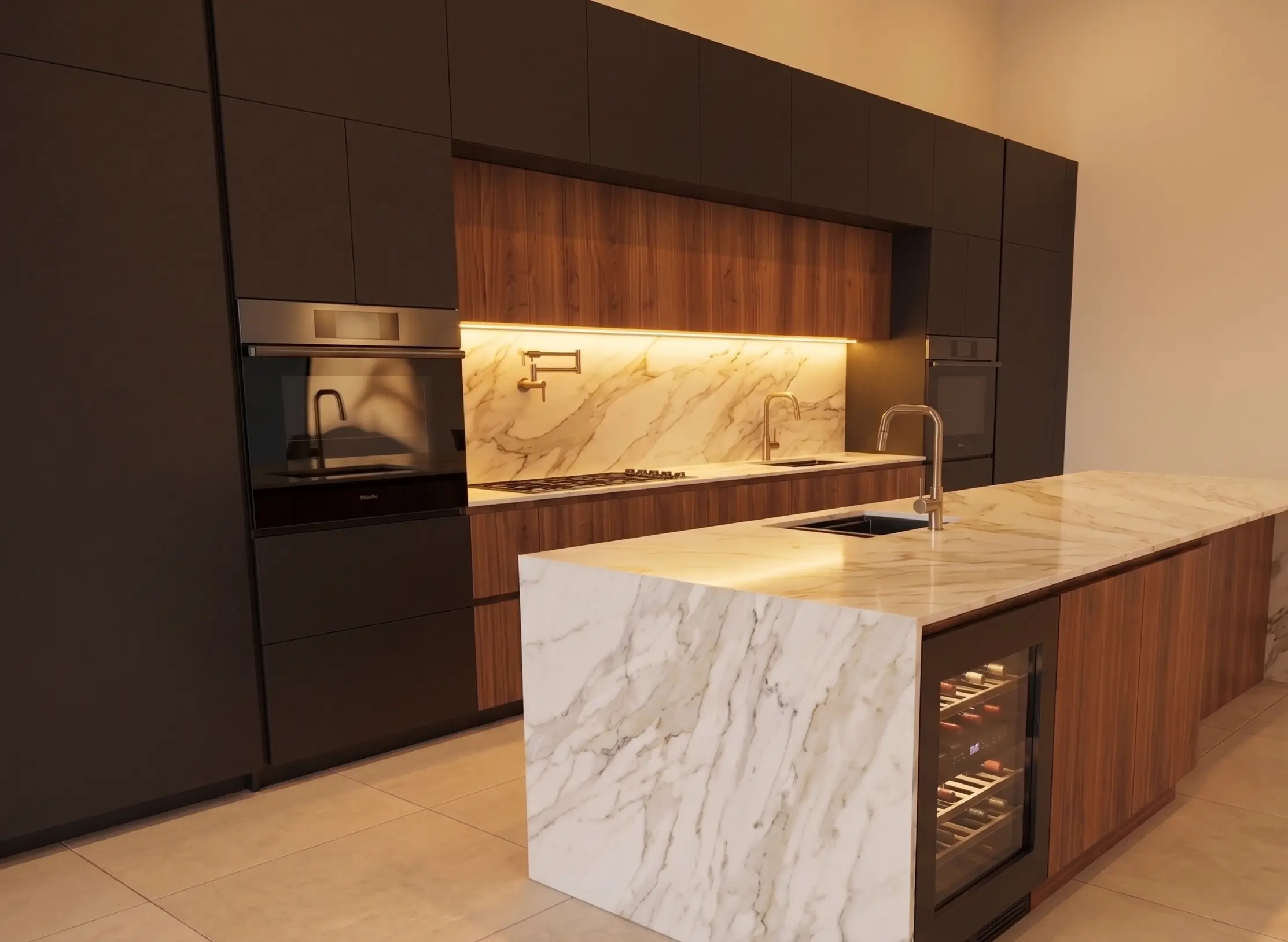 Modern kitchen in The Harrison featuring custom white oak cabinetry and Calacatta marble countertops